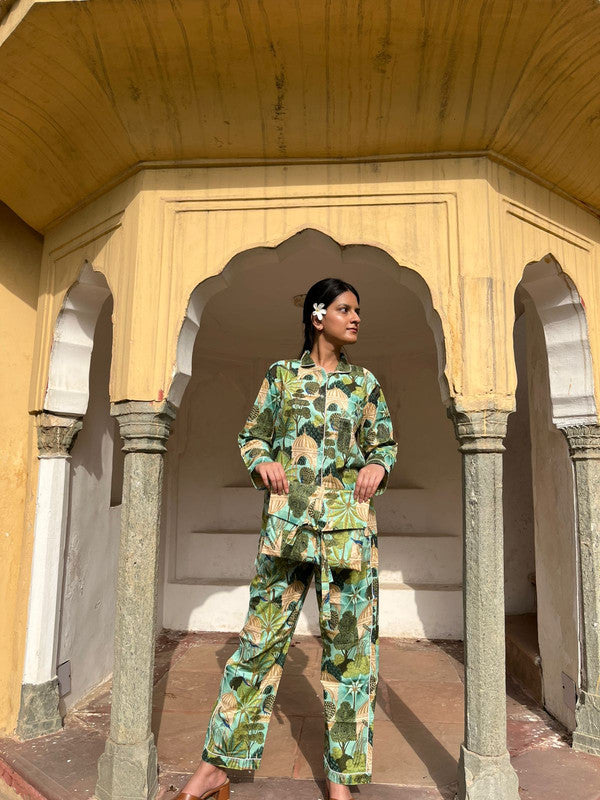 Green Floral Pure Cotton Pajama Set Soft Indian Nightwear & Bridesmaid Gift