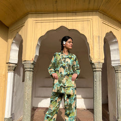 Green Floral Pure Cotton Pajama Set Soft Indian Nightwear & Bridesmaid Gift