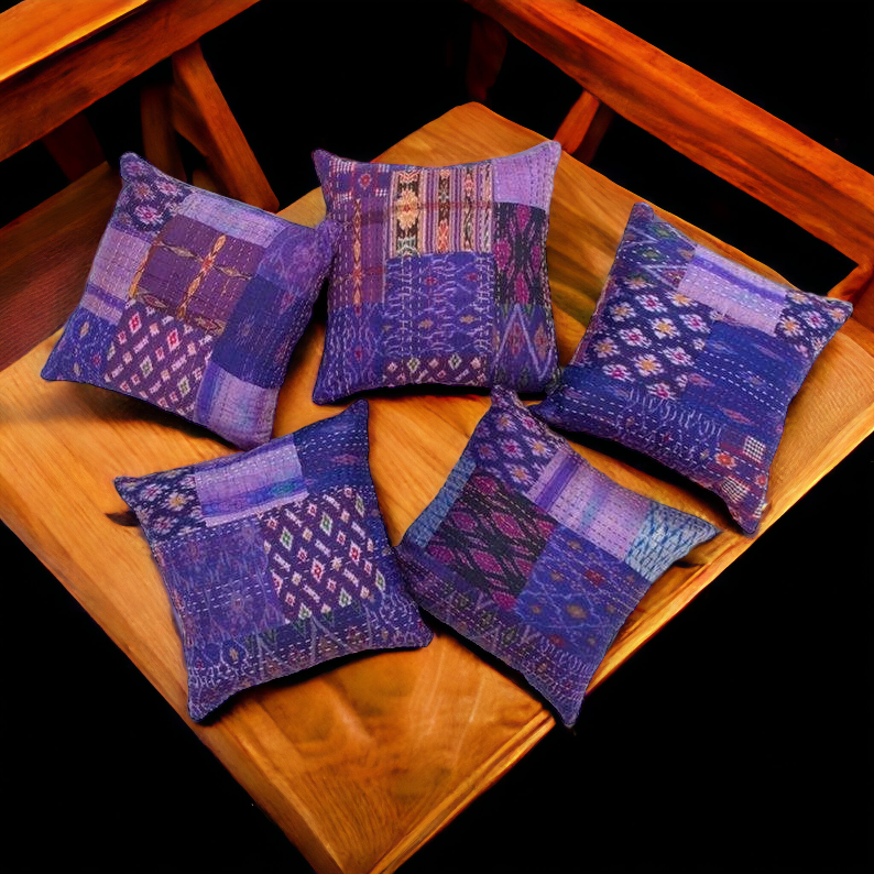 Handmade Indian Embroidered Patchwork Cotton Cushion Cover - 16x16 Inch (40x40 cm) - Artisan Home Decor for Sofa, Couch, Floor, Meditation & Ottoman - 4