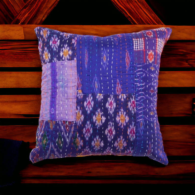 Handmade Indian Embroidered Patchwork Cotton Cushion Cover - 16x16 Inch (40x40 cm) - Artisan Home Decor for Sofa, Couch, Floor, Meditation & Ottoman - 4