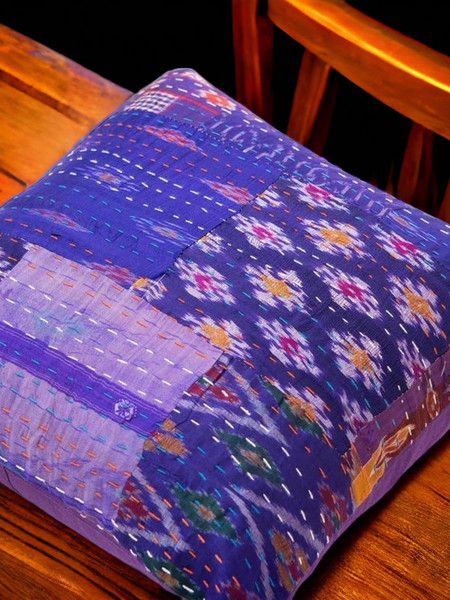 Handmade Indian Embroidered Patchwork Cotton Cushion Cover - 16x16 Inch (40x40 cm) - Artisan Home Decor for Sofa, Couch, Floor, Meditation & Ottoman - 4