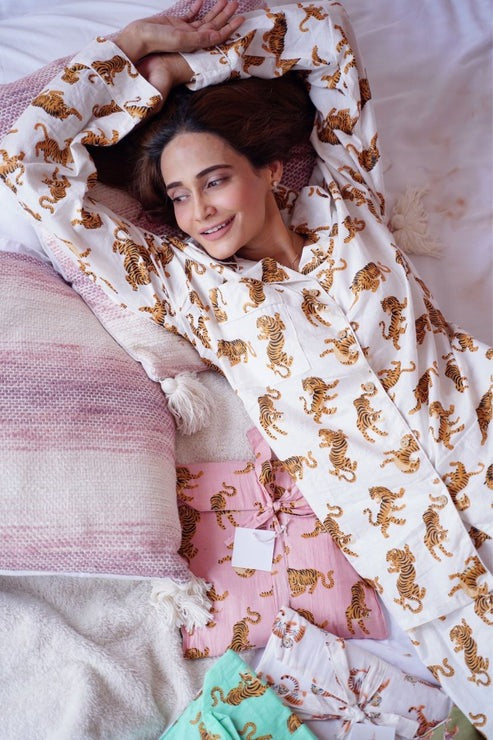 White Tiger Print Cotton Pajama Set - Soft Indian Nightwear | Pure Cotton PJ's & Bridesmaid Gift for Her