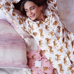 White Tiger Print Cotton Pajama Set - Soft Indian Nightwear | Pure Cotton PJ's & Bridesmaid Gift for Her