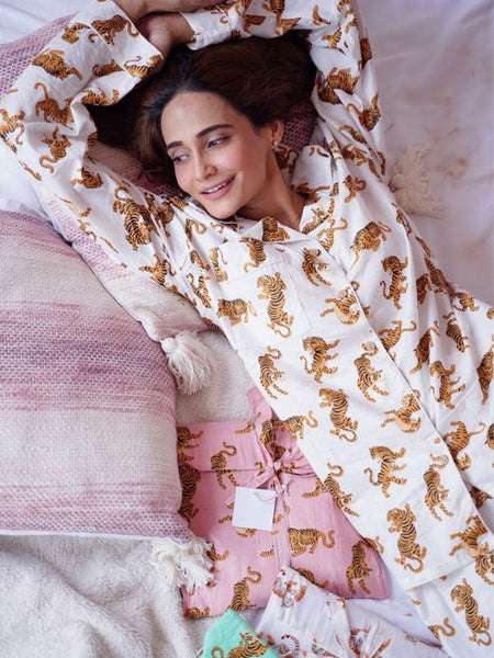 White Tiger Print Cotton Pajama Set - Soft Indian Nightwear | Pure Cotton PJ's & Bridesmaid Gift for Her