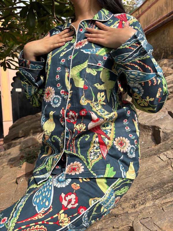 Cotton NAVY BLUE Floral Pajama Set Soft Indian Nightwear for Bridesmaids