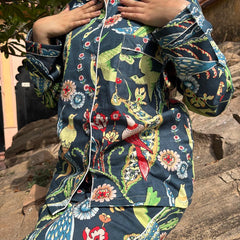 Cotton NAVY BLUE Floral Pajama Set Soft Indian Nightwear for Bridesmaids