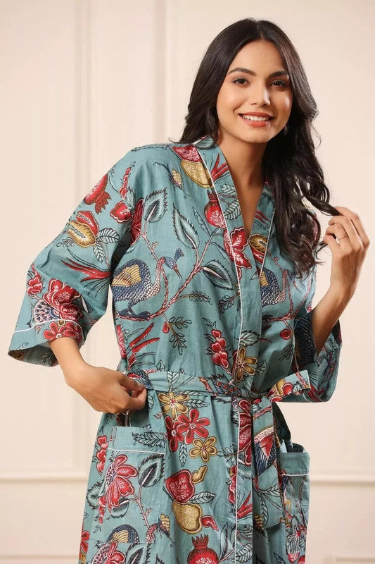 Grey Floral Print Cotton Kimono Robe Pure Cotton Dressing Gown for Women
