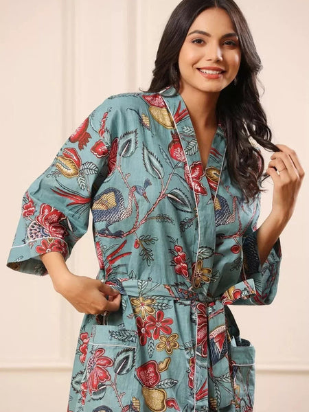 Grey Floral Print Cotton Kimono Robe Pure Cotton Dressing Gown for Women