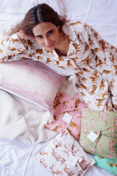 White Tiger Print Cotton Pajama Set - Soft Indian Nightwear | Pure Cotton PJ's & Bridesmaid Gift for Her