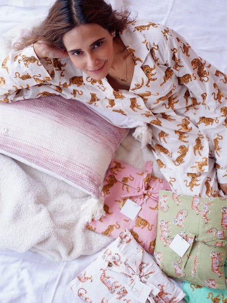 White Tiger Print Cotton Pajama Set - Soft Indian Nightwear | Pure Cotton PJ's & Bridesmaid Gift for Her