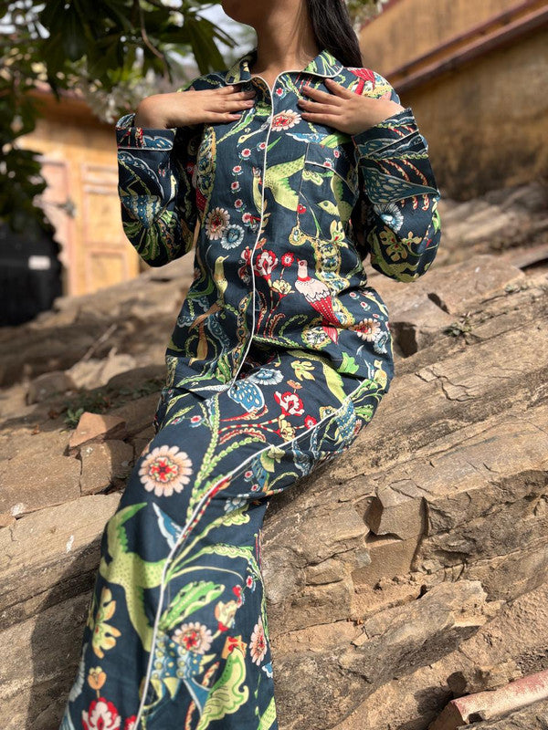 Cotton NAVY BLUE Floral Pajama Set Soft Indian Nightwear for Bridesmaids