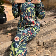 Cotton NAVY BLUE Floral Pajama Set Soft Indian Nightwear for Bridesmaids