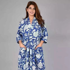 Blue Floral Print Cotton Kimono Robe Pure Cotton Dressing Gown for Women