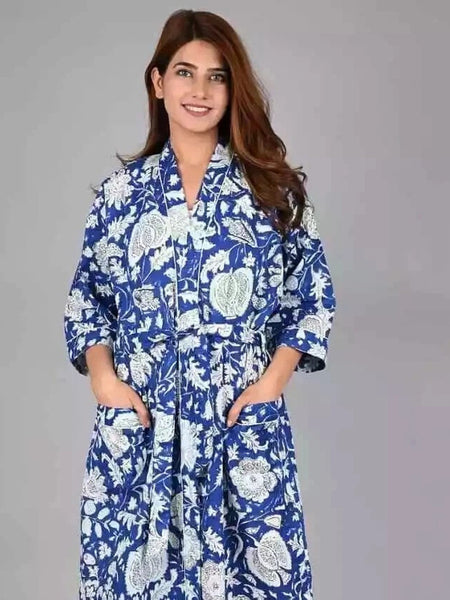 Blue Floral Print Cotton Kimono Robe Pure Cotton Dressing Gown for Women