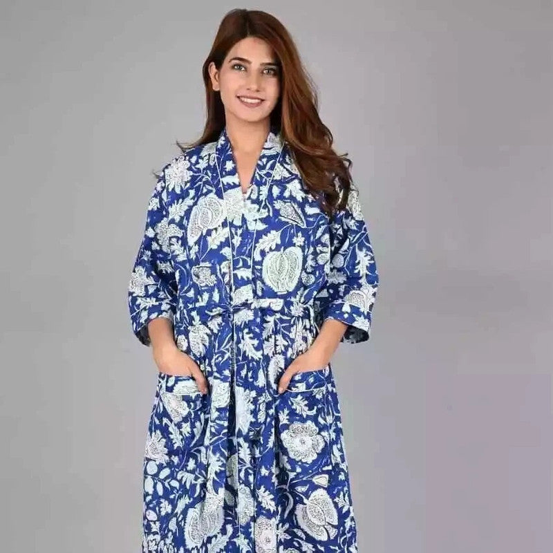 Blue Floral Print Cotton Kimono Robe Pure Cotton Dressing Gown for Women