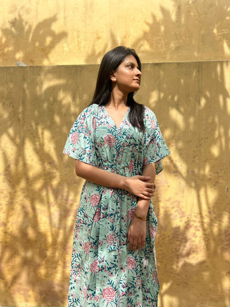 100% Cotton GREEN Floral Kaftan Indian Vintage Maxi for Beach or Lounge