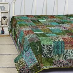 Rajasthan Decor Block Print Multicolour Cotton Jaipuri Kantha Double Bed Cover-Bed Spread - 2