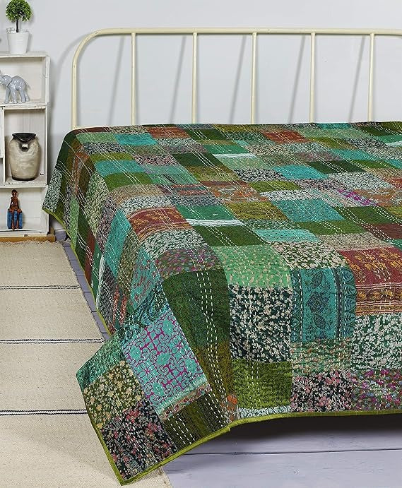 Rajasthan Decor Block Print Multicolour Cotton Jaipuri Kantha Double Bed Cover-Bed Spread - 2