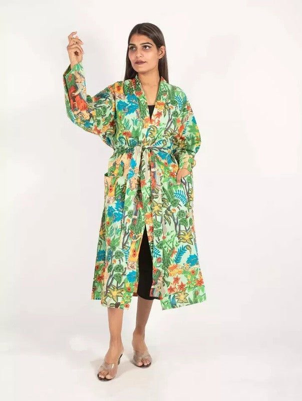 Women's Green Cotton Kimono Robe - Pure Cotton Dressing Gown