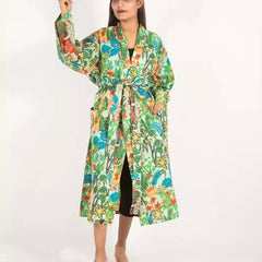 Women's Green Cotton Kimono Robe - Pure Cotton Dressing Gown