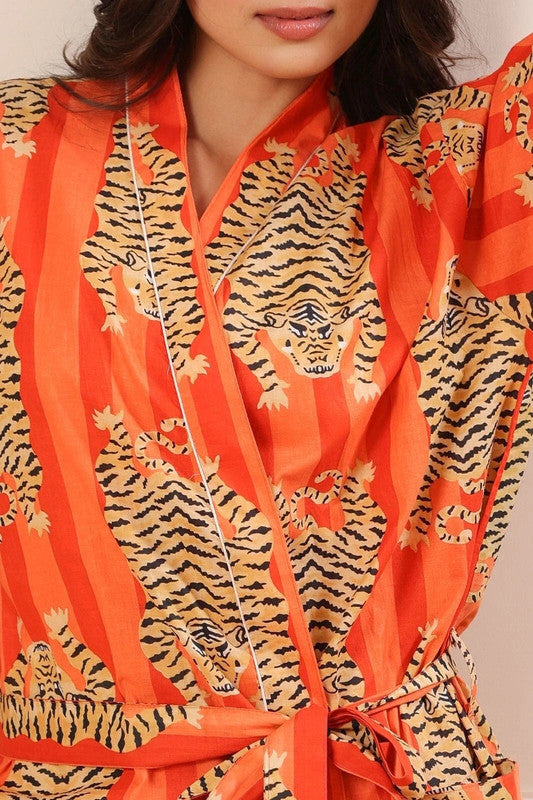 Orange Tiger and Monkey Print Cotton Kimono Robe - Hand Block Printed Animal Pattern Dressing Gown