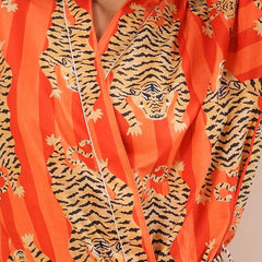 Orange Tiger and Monkey Print Cotton Kimono Robe - Hand Block Printed Animal Pattern Dressing Gown