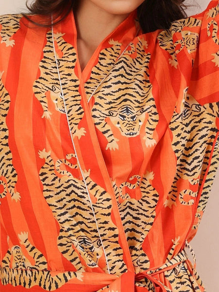 Orange Tiger and Monkey Print Cotton Kimono Robe - Hand Block Printed Animal Pattern Dressing Gown