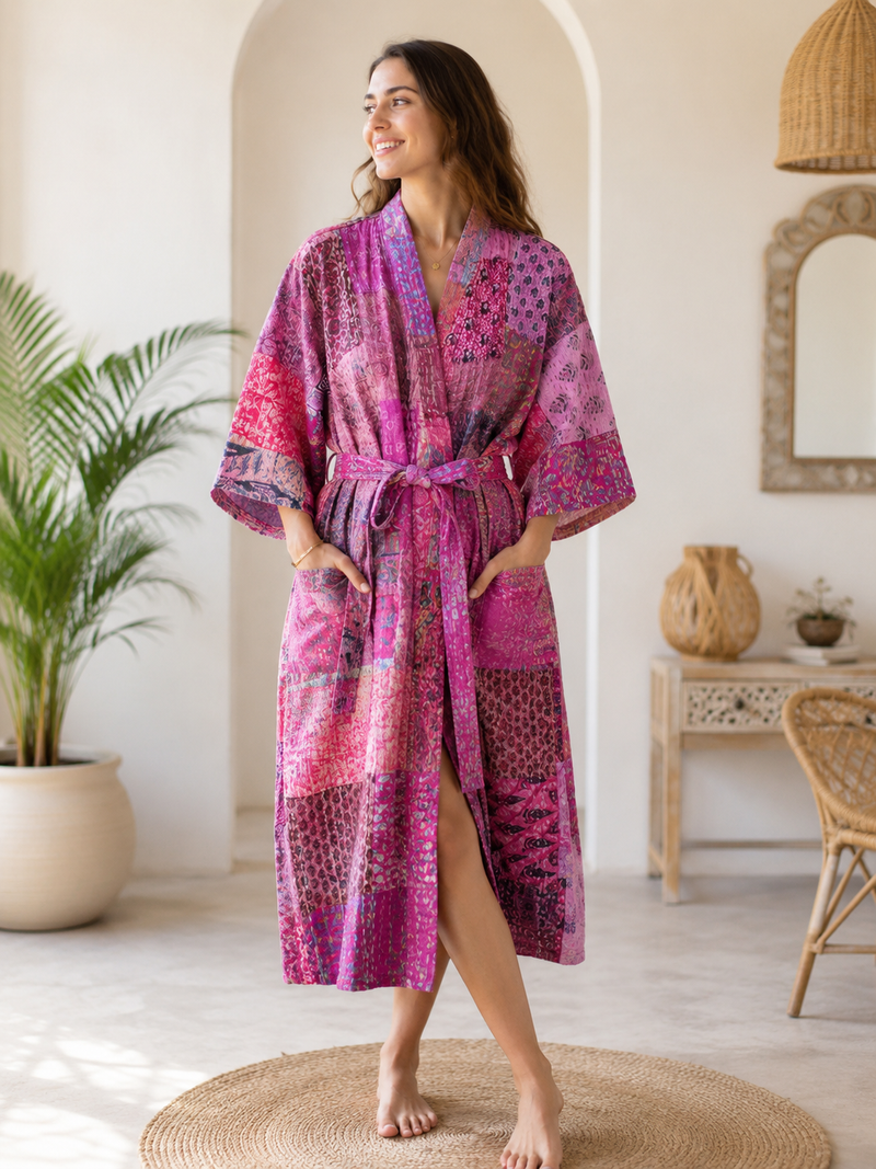 Vintage Kantha Kimono Robe — Handmade Cotton Pink Dressing Gown