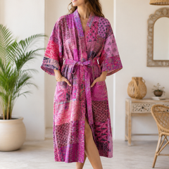 Vintage Kantha Kimono Robe — Handmade Cotton Pink Dressing Gown