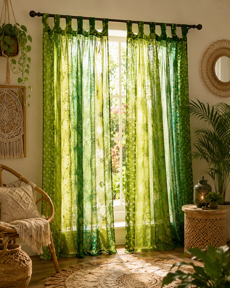 Vintage Silk Sari Curtain – Handmade Boho Curtain Panel for Green Living Room & Bedroom