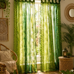 Vintage Silk Sari Curtain – Handmade Boho Curtain Panel for Green Living Room & Bedroom