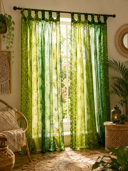 Vintage Silk Sari Curtain – Handmade Boho Curtain Panel for Green Living Room & Bedroom