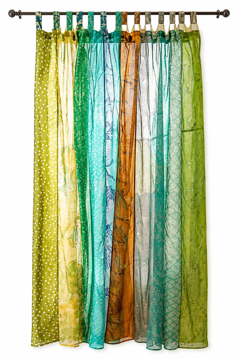 Vintage Silk Sari Curtain – Handmade Boho Curtain Panel for Green Living Room & Bedroom