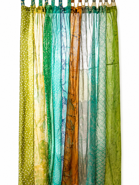 Vintage Silk Sari Curtain – Handmade Boho Curtain Panel for Green Living Room & Bedroom
