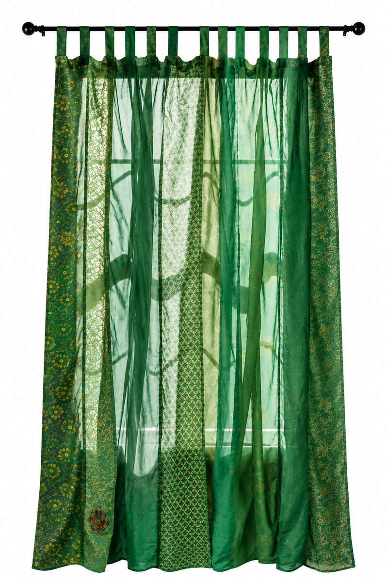 Vintage Silk Sari Curtain – Handmade Boho Curtain Panel for Green Living Room & Bedroom