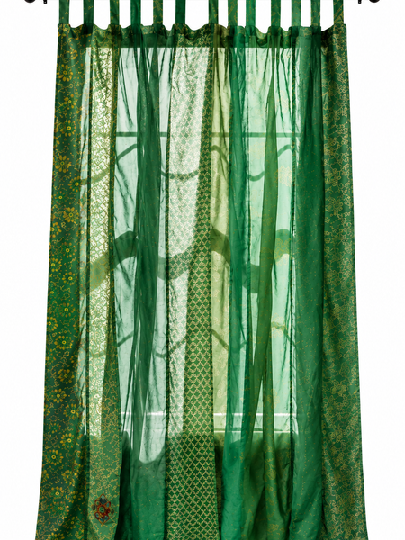 Vintage Silk Sari Curtain – Handmade Boho Curtain Panel for Green Living Room & Bedroom