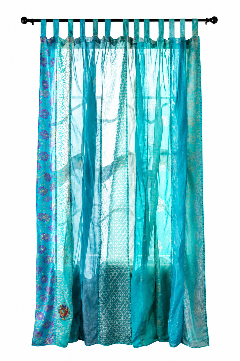 Vintage Silk Sari Curtain – Handmade Boho Curtain Panel for Turquoise Living Room & Bedroom