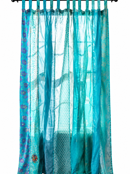 Vintage Silk Sari Curtain – Handmade Boho Curtain Panel for Turquoise Living Room & Bedroom
