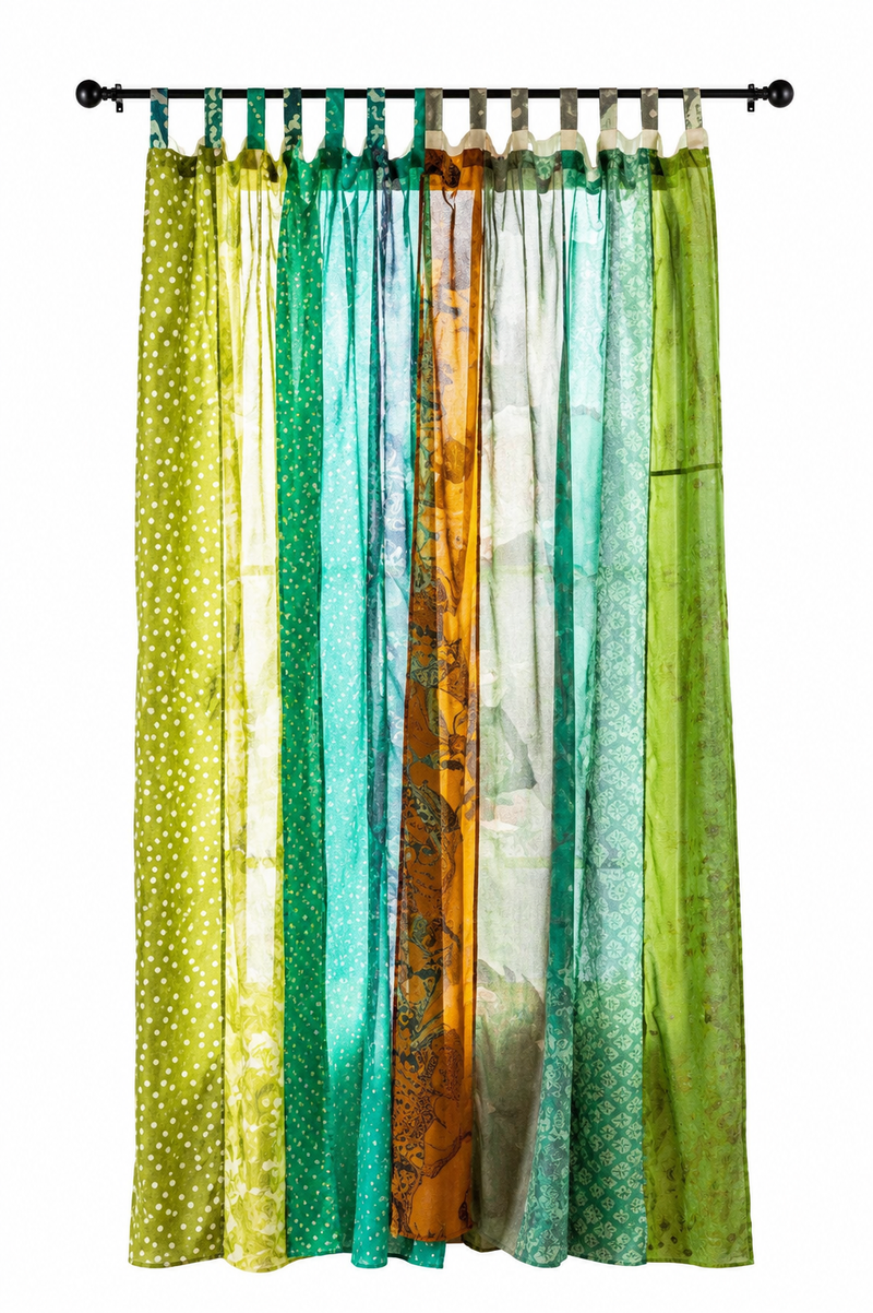 Vintage Silk Sari Curtain – Handmade Boho Curtain Panel for Green Living Room & Bedroom