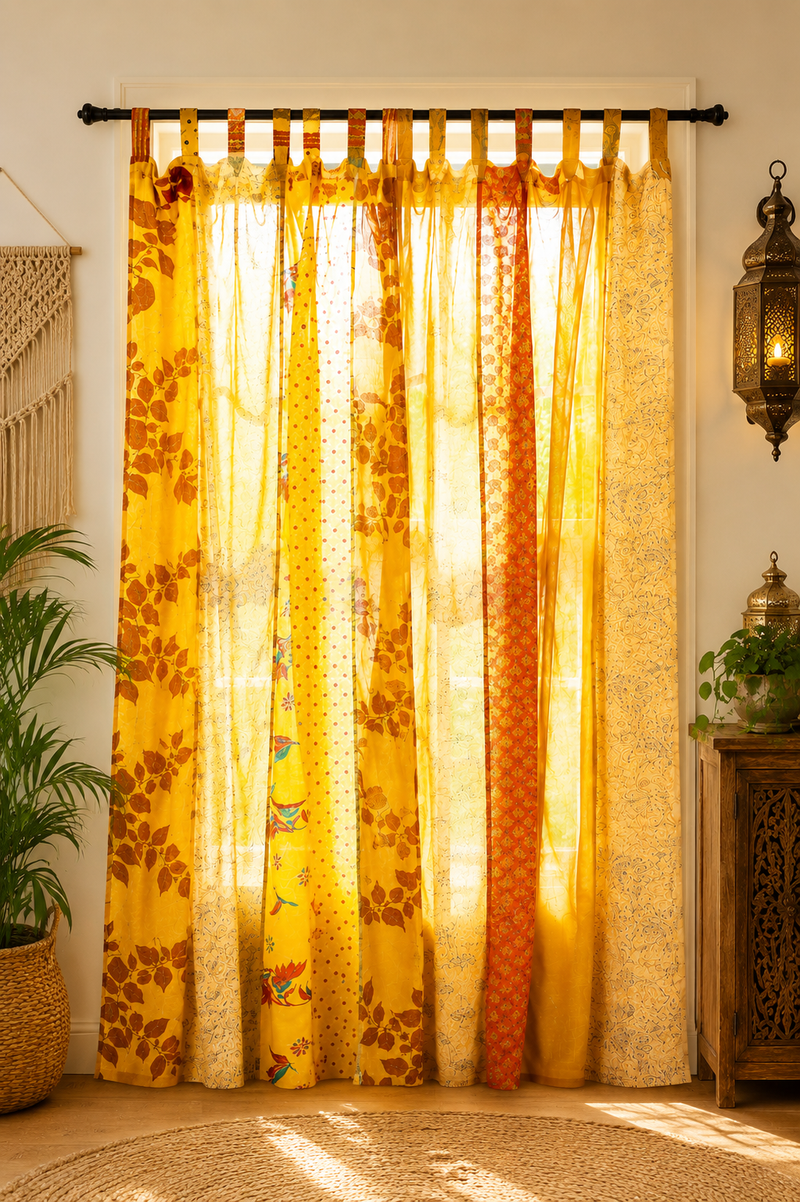 Upcycled Silk Sari Curtain – One-of-a-Kind Handwoven Panel, Yellow Ethically Sourced