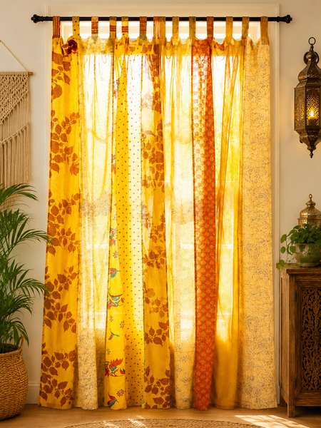 Upcycled Silk Sari Curtain – One-of-a-Kind Handwoven Panel, Yellow Ethically Sourced