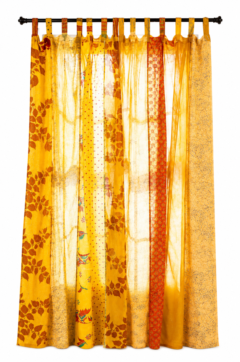 Upcycled Silk Sari Curtain – One-of-a-Kind Handwoven Panel, Yellow Ethically Sourced