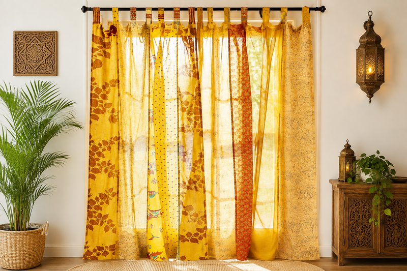 Upcycled Silk Sari Curtain – One-of-a-Kind Handwoven Panel, Yellow Ethically Sourced