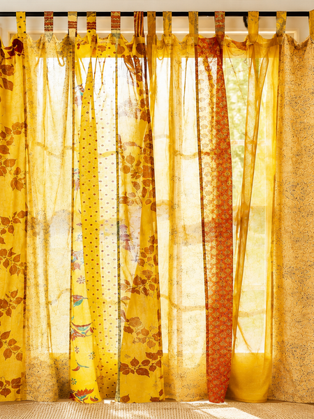 Upcycled Silk Sari Curtain – One-of-a-Kind Handwoven Panel, Yellow Ethically Sourced