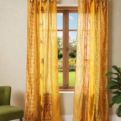 Upcycled Silk Sari Curtain – One-of-a-Kind Handwoven Panel, Yellow Ethically Sourced