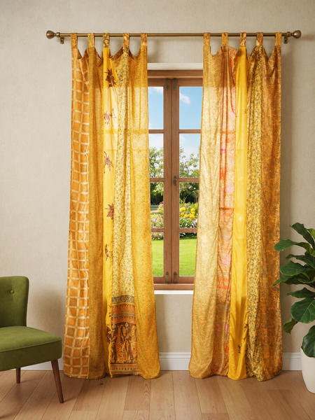 Upcycled Silk Sari Curtain – One-of-a-Kind Handwoven Panel, Yellow Ethically Sourced