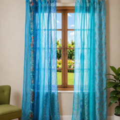 Vintage Silk Sari Curtain – Handmade Boho Curtain Panel for Turquoise Living Room & Bedroom