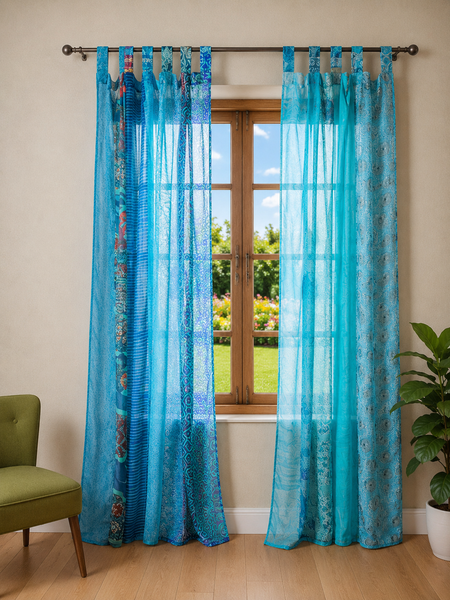 Vintage Silk Sari Curtain – Handmade Boho Curtain Panel for Turquoise Living Room & Bedroom