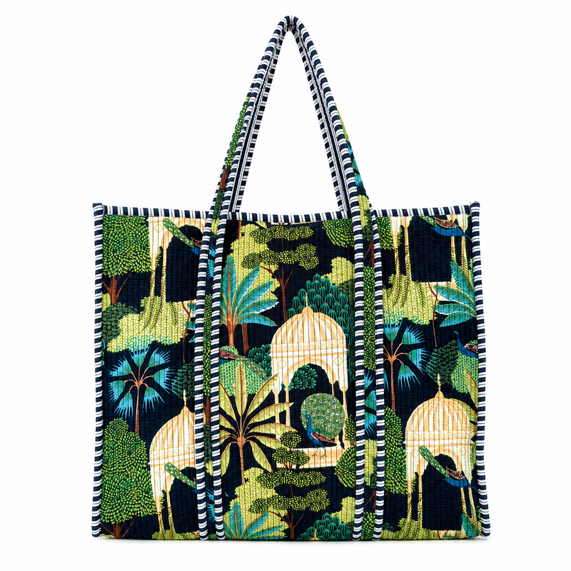 Handmade Reversible Cotton Tote Bag | Green Quilted Design - kraafty-com