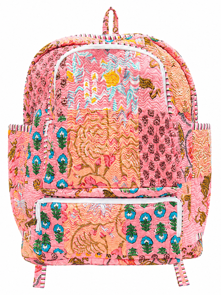 Cotton Quilted Patchwork Backpack – Peach screen Printed Indian Tote Bag - kraafty-com